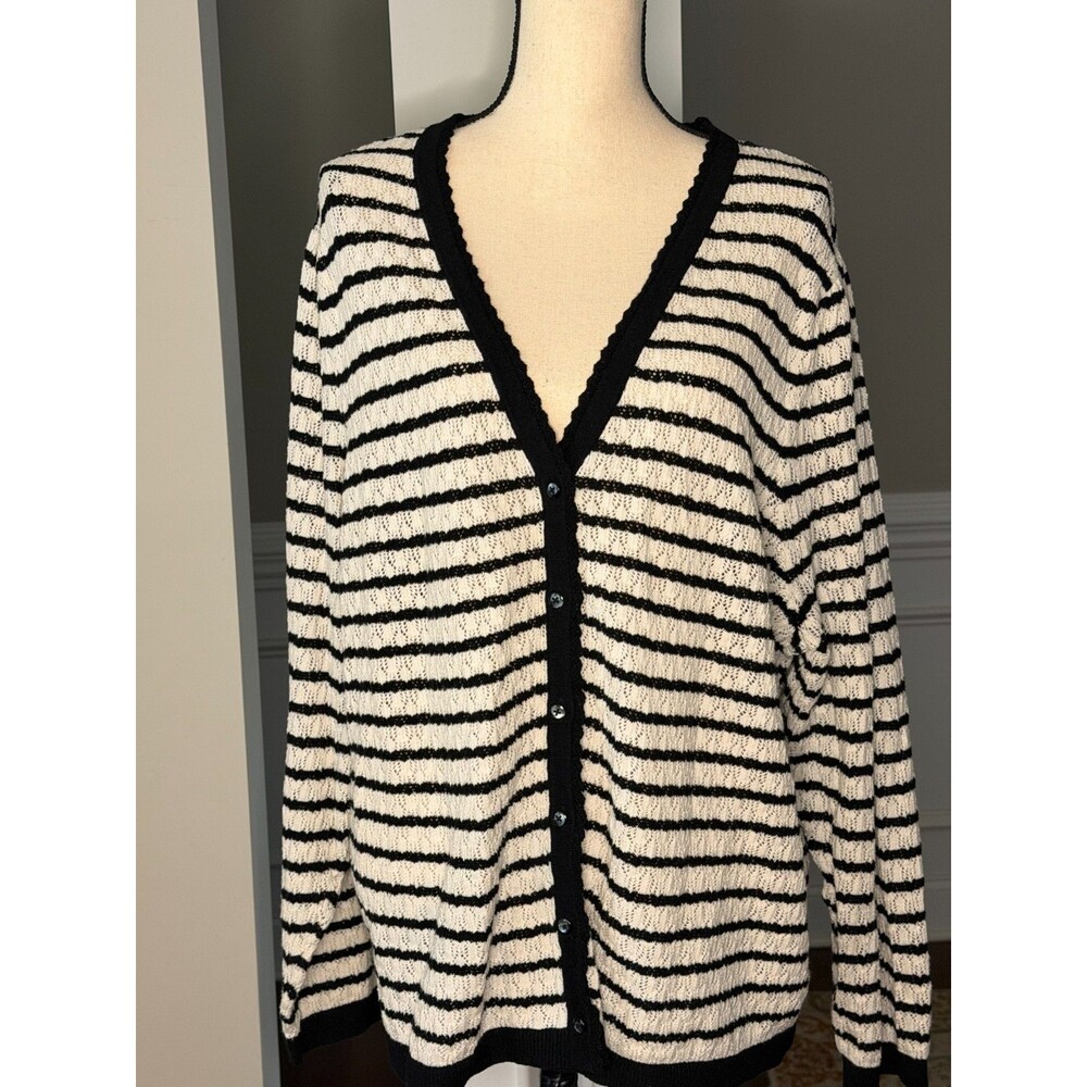 Old Navy So Soft Lite Pointelle Cardigan Black/Ivory Stripe Sz 4X
